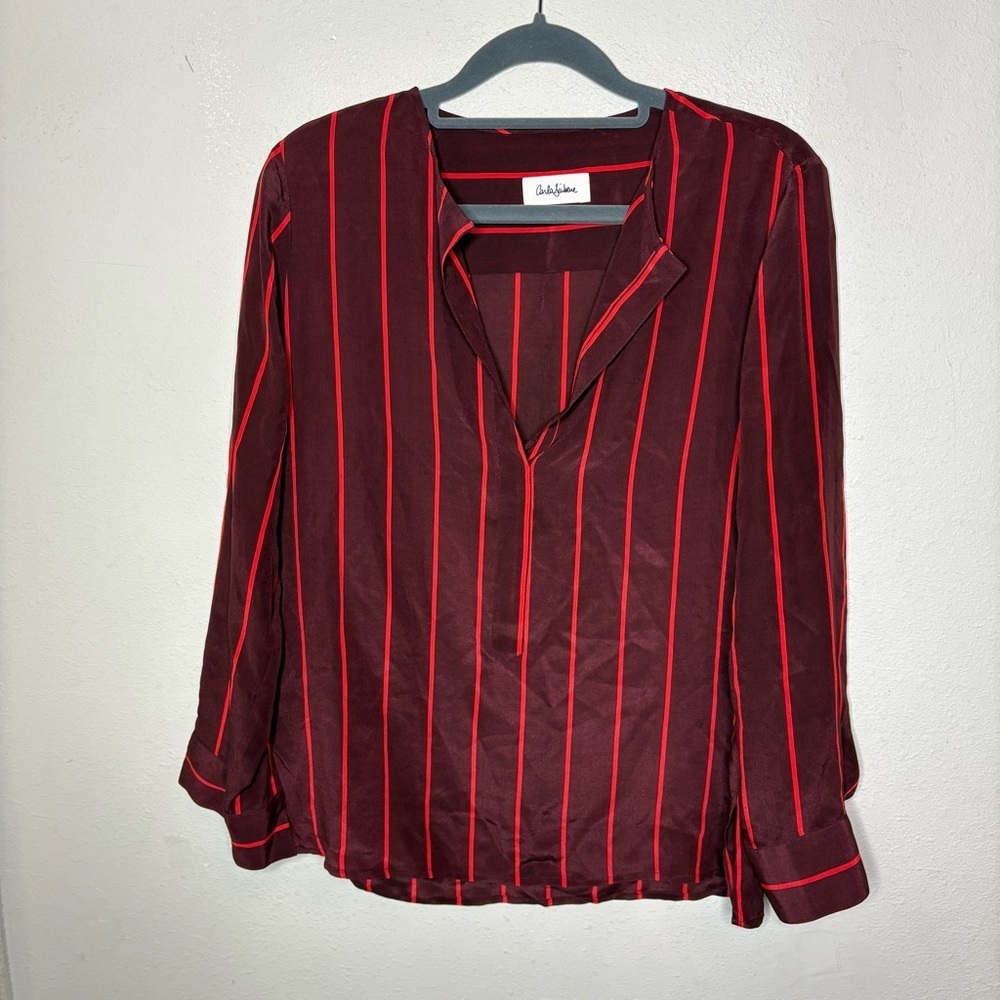 Italian Designer Carla Saibene Burgundy Silk Blouse with Red Pinstripes
